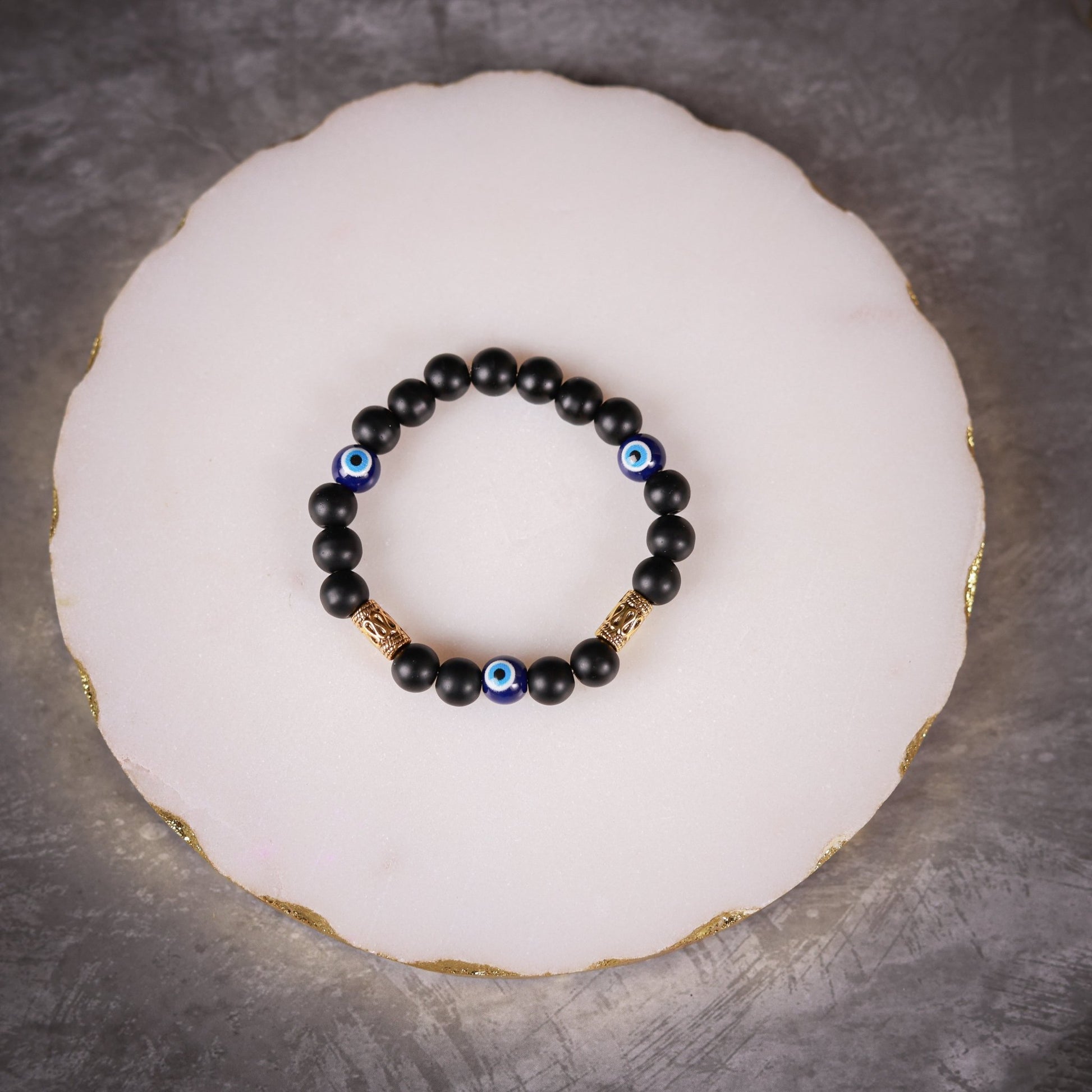 Samaara - Black Matte Beads With Golden Charm & Blue Evil Eye Women's Energy Bracelet - Atman Urja