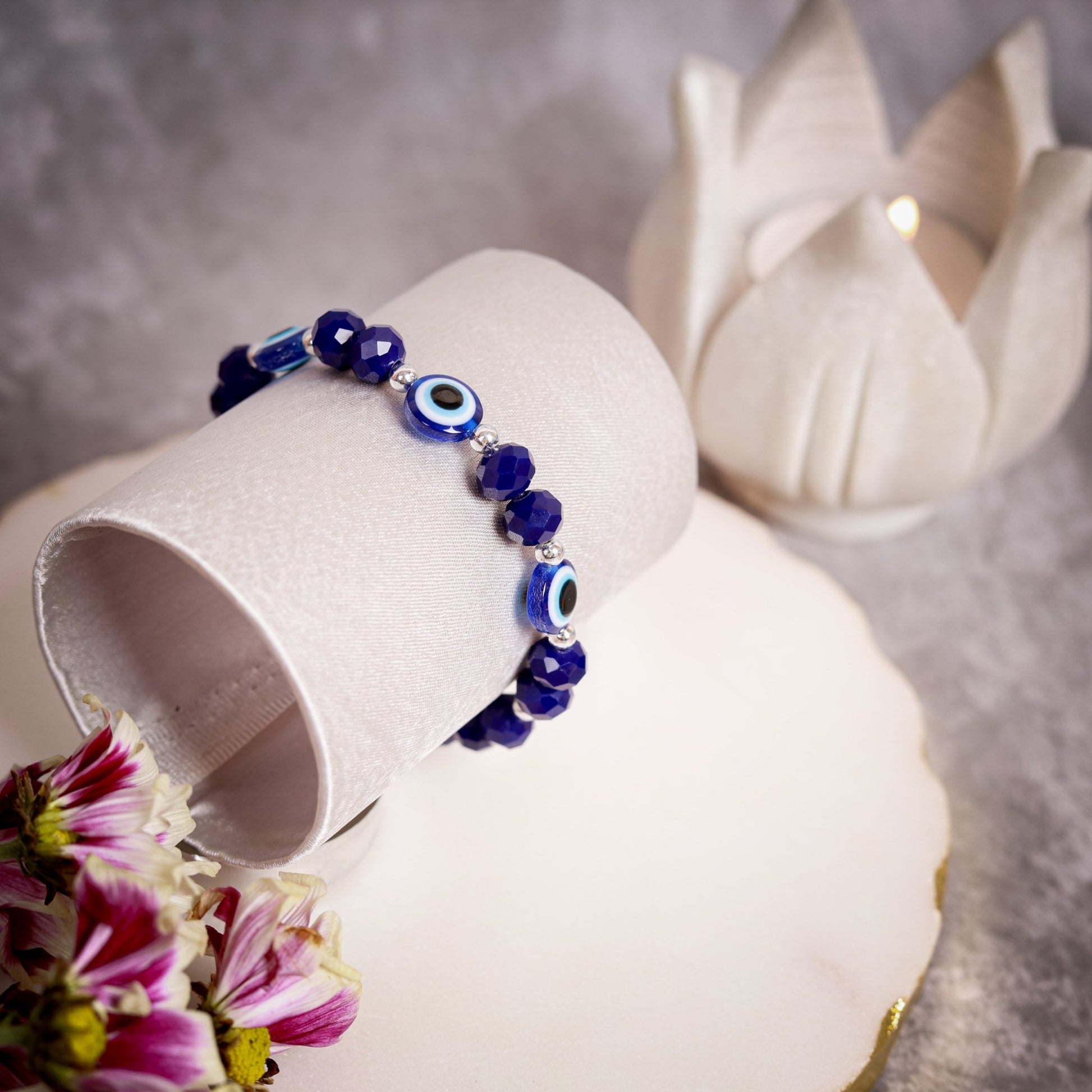 Navy Blue Crystal & Flat Evil Eye Women's Energy Bracelet - Atman Urja