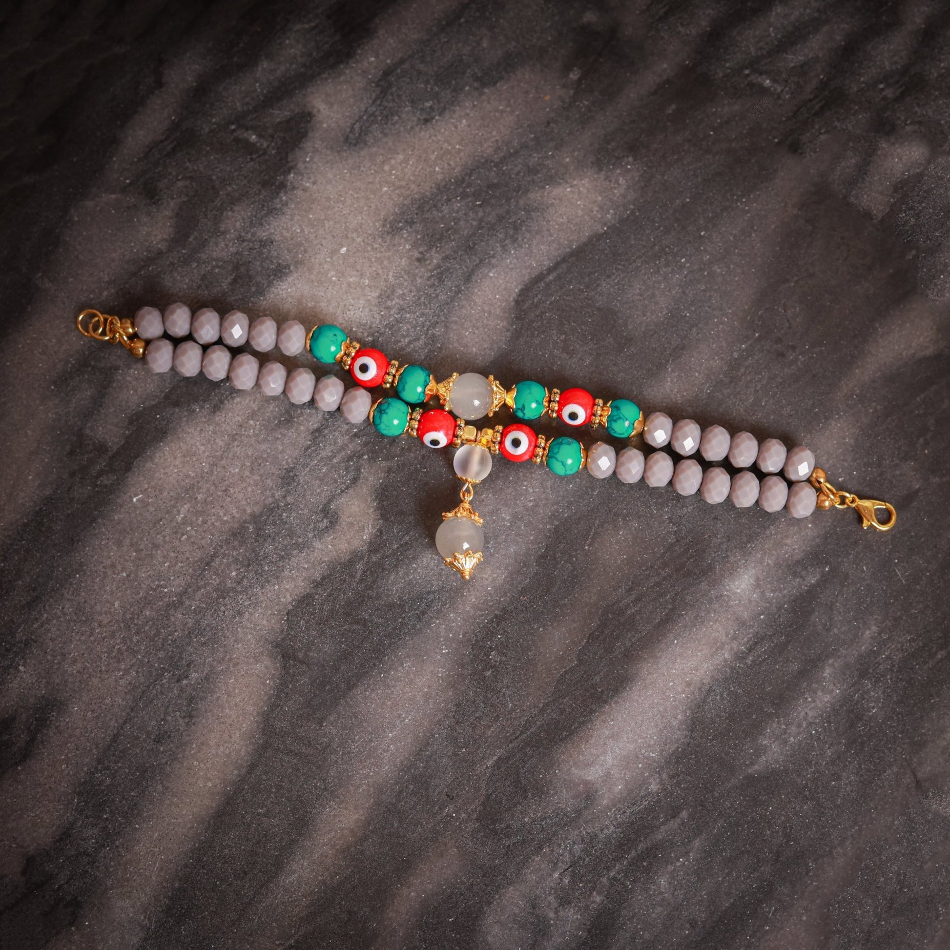 Kavya - Dual Strand Grey Crystal And Green Howlite Evil Eye Women's Energy Bracelet - Atman Urja